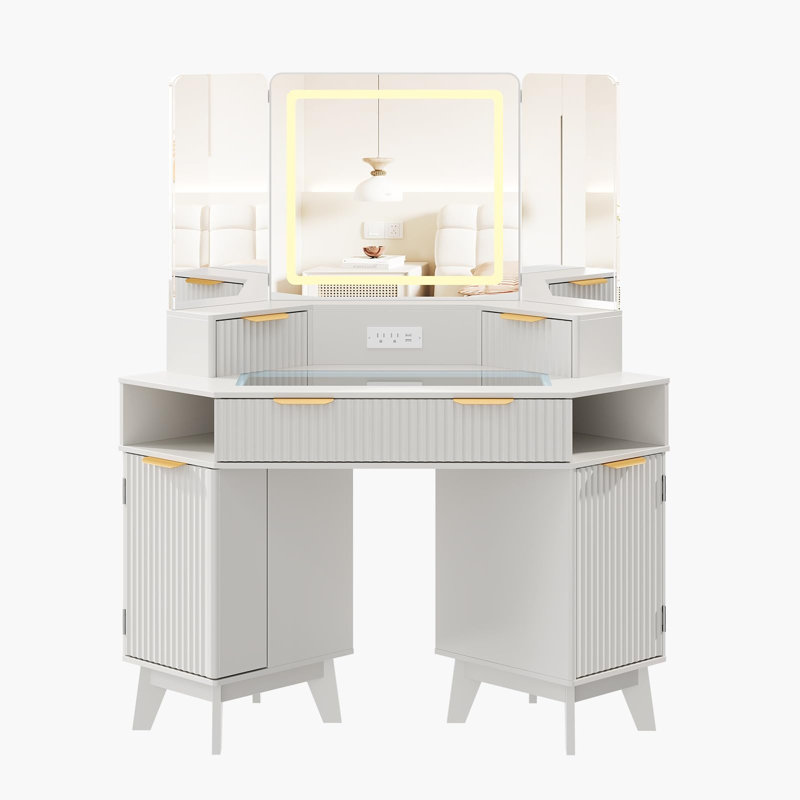 Meuble-lavabo cannelé de 48 pouces avec miroir et lumières, Blanc