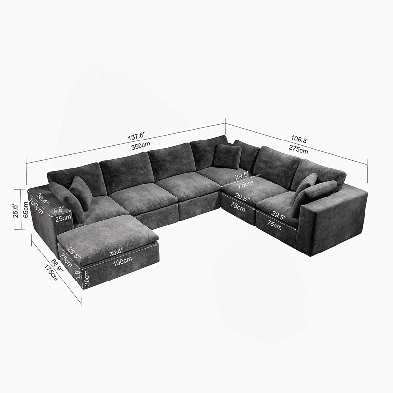 Canapé modulaire 137,8 * 108,3 po, canapé rembourré et compressé pour le salon, la chambre à coucher, un appartement, aucun assemblage requis, combinaison libre de 7 pièces, tissu en velours côtelé moelleux, GRIS