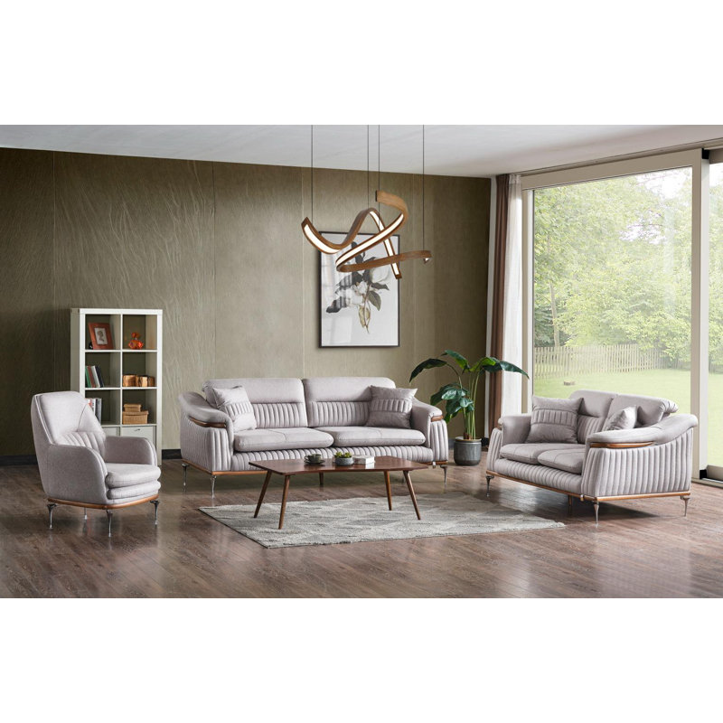 Canapé à trois places Ahsen, causeuse et fauteuil d'appoint, Gris clair