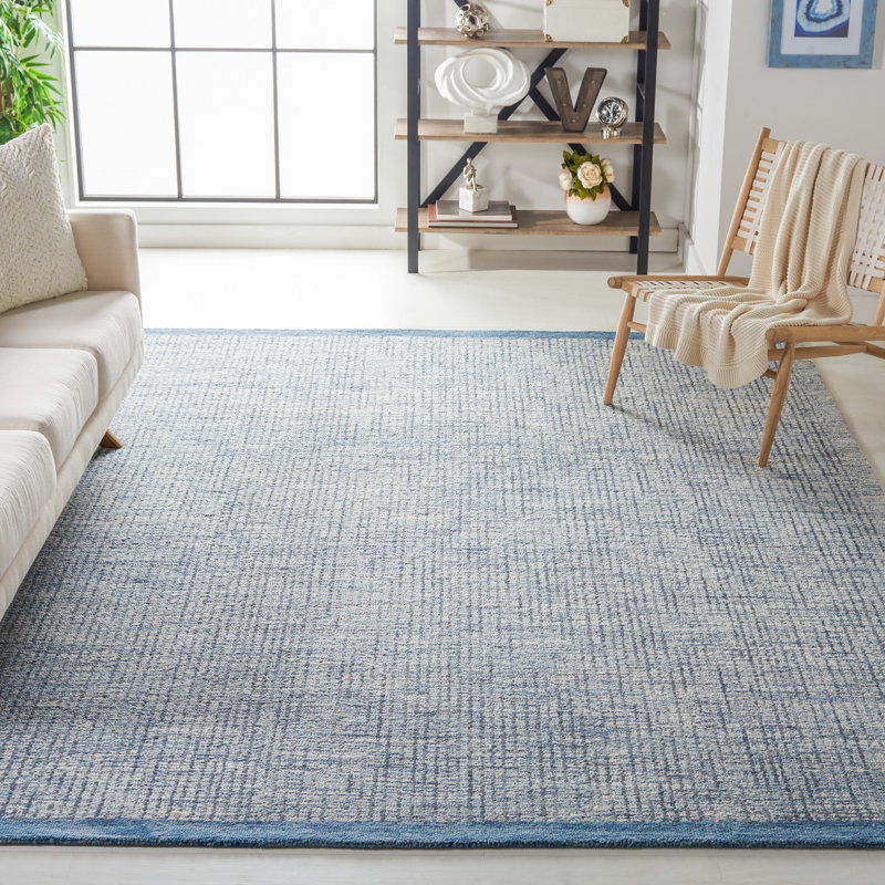 Tapis en laine / coton touffeté à la main Baer en ivoire / bleu, Rectangle 4 pi x 6 pi