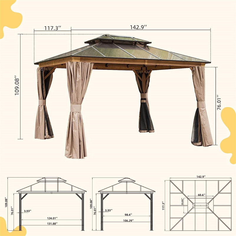 Permanent Outdoor Gazebo With Polycarbonate Double Roof, Yellow Brown