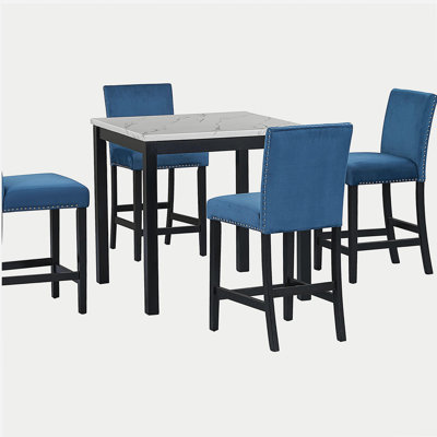 5-piece Counter Height Dining Table Set with One Faux Marble Top Dining Table and Four Velvet-Upholstered Chairs,Blue