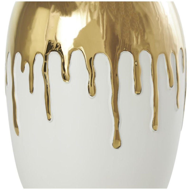 Patrich Ceramic Abstract Decorative Vase with Abstract Gold Melting Drips, Gold/White, 13.05" H x 9.35" W x 9.3" D