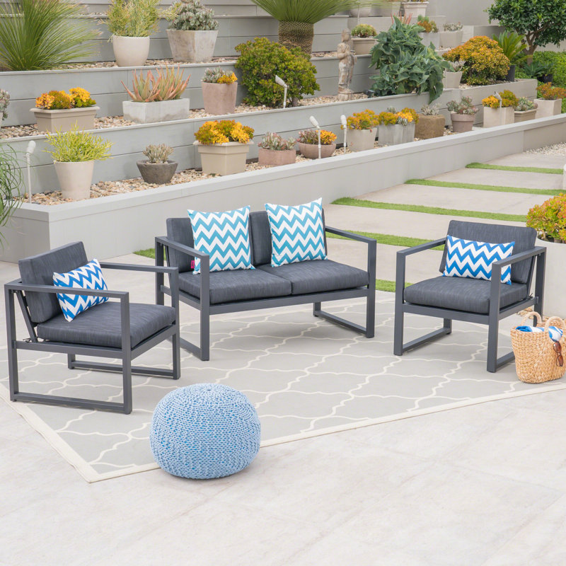 Chat rouille en aluminium 3 pièces - Gris foncé avec coussins pour le patio et la cour arrière astucieux créant un décor douillet