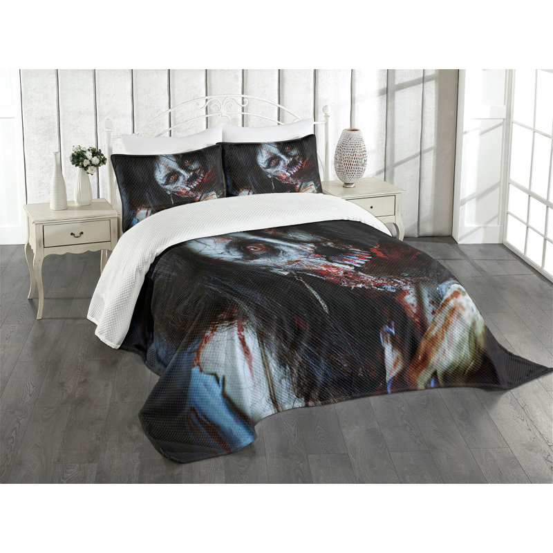 Twin White Quilted Zombie Bedspread Set with Pillow Sham