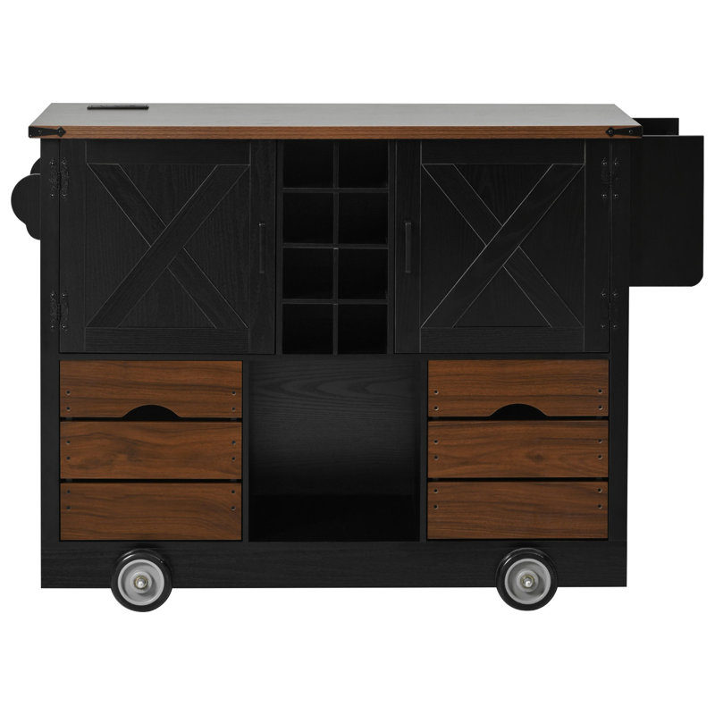 54" Farmhouse Kitchen Island With Drop Leaf, Power Outlet, Kitchen Storage Cart With 2 Doors, 2 Drawers, Rolling Kitchen Island On 4 Large Wheels With Spice Rack For Kitchen, Dining Room, Black