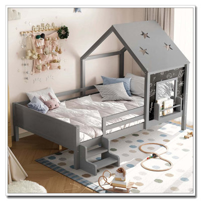 Full House Beds with Low-Profile Stairs and a Window,with a Bookcase, Blackboard Desig