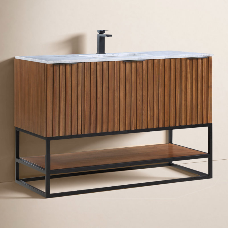 Terra 48'' Single Bathroom Vanity with Top, Carrara Marble/Single Faucet Mount, Walnut, Matte Black