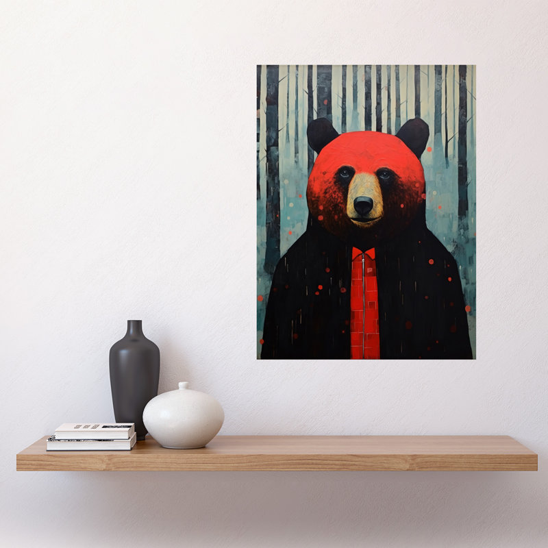 Wall Art Print Hipster Red Bear Artwork Oil Painting Artwork Forest Trees Poster