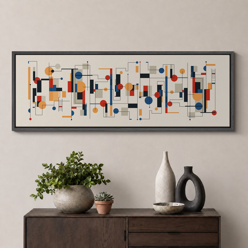 Abstrait mécanique symphonique, formes et lignes géométriques encadrées sur toile, H 20 po x l 60 po, Black