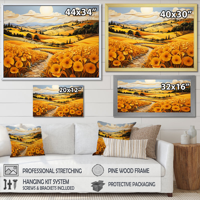 Countryside Yellow Fields Patchwork III - Modern Wall Art Living Room, Toile tendue, H 16 po x l 32 po x P 1 po