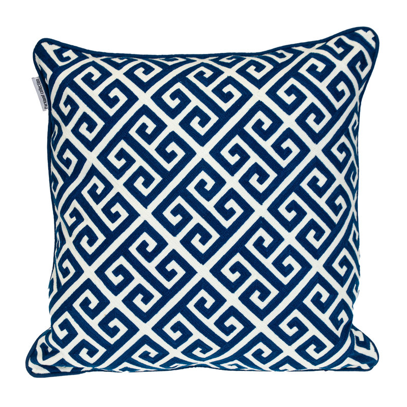 Blue 100% Cotton Greek Key Zippered Pillow