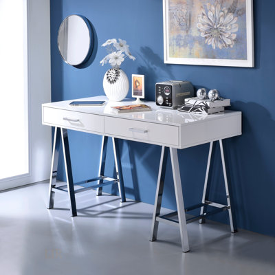 Coleen High Gloss Writing Desk With USB Port And Chrome Finish, Perfect For Modern Home Office