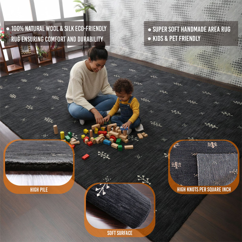 Anley HAND KNOTTED LOOM WOOL ECO-FRIENDLY AREA RUGS - Rectangle | Charcoal & White Color | Contemporary Design | Area Rugs for Living room, Bedroom