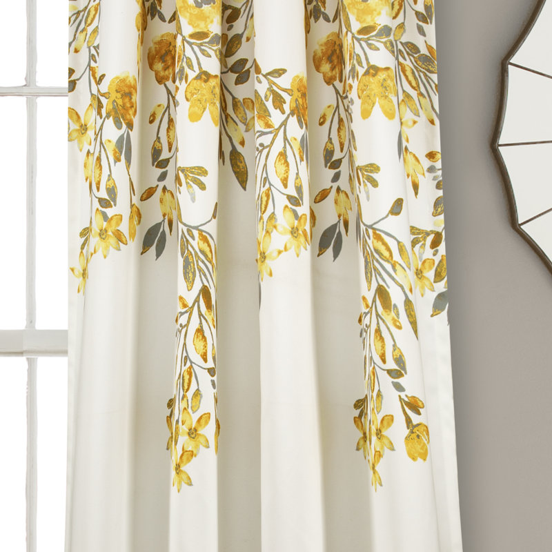 Yellow and Gray Floral Polyester Blackout Window Curtain Panels