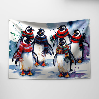 Tapisserie murale de Noël manchots de Noël portant des foulards d'hiver colorés