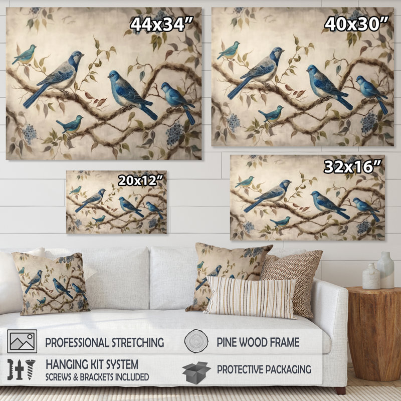 Quatre oiseaux bleus rétro sur une branche I - reproduction sur toile, Toile tendue, 28" H x 60" W
