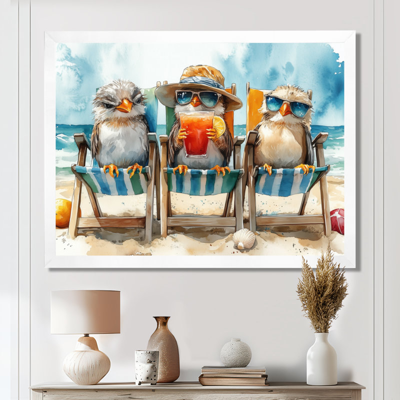 Canaries On The Beach Lounging Chair - Coastal Animal Wall Art Print, White Single Picture Framed Canvas