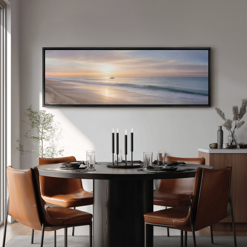 Large Framed Canvas Wall Art - Calm Ocean Sunrise Seascape Decor - 60"x20", 60"x30", 20" H x 60" W, Black