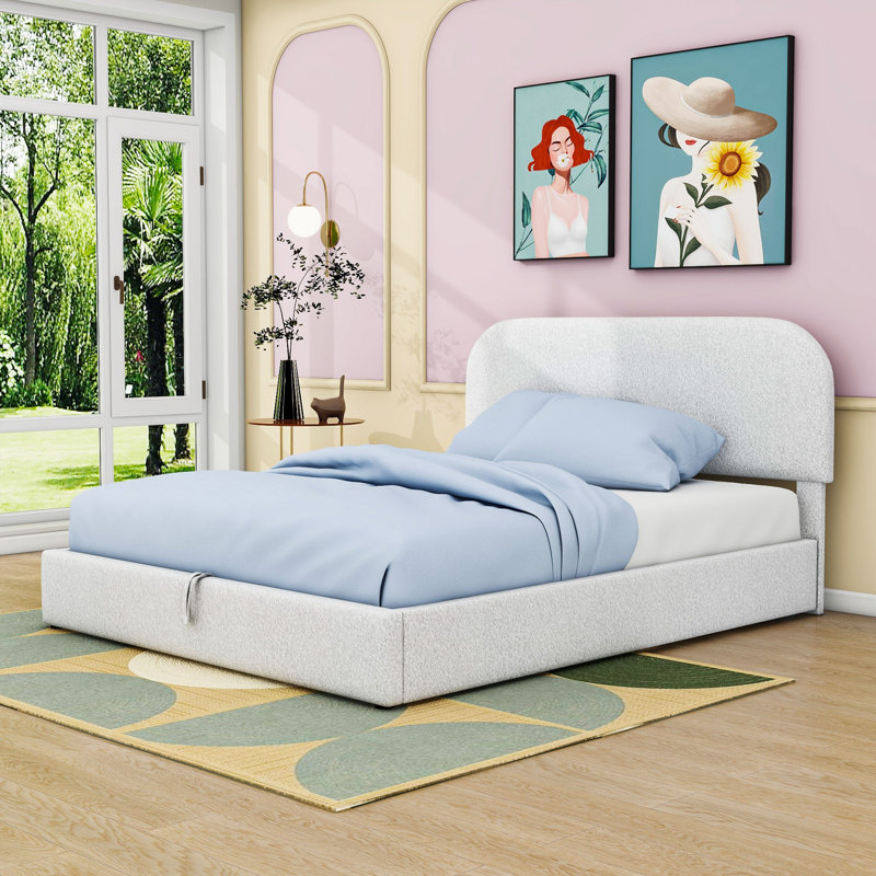 Upholstered Platform Bed with Hydraulic Storage, White, Queen