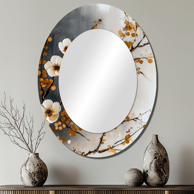 Grey Brown Botanical Cherry Blossom Trees I - Floral Oval Decorative Mirror On Metal, 40" x 30"