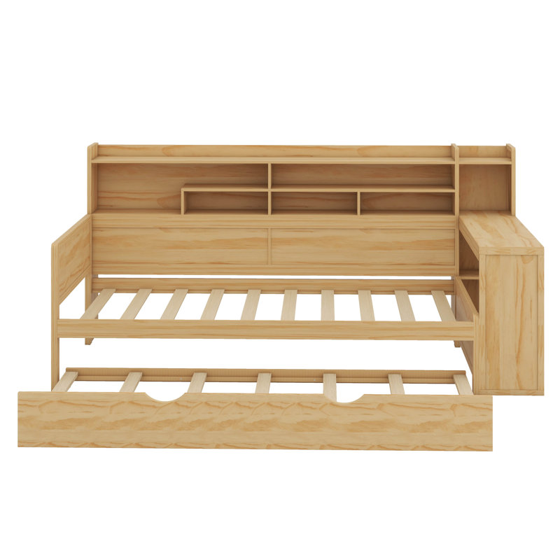 Lit de jour en bois Trundle - tablettes de rangement, bureau d'étude (conception multifonctionnelle), Lit simple, Naturel