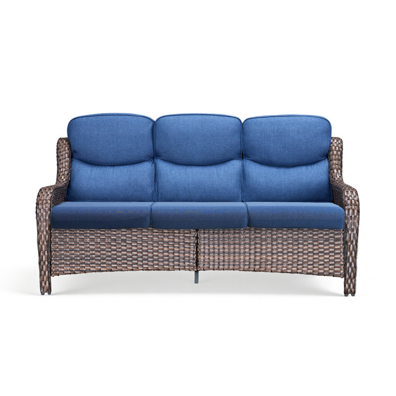 Simino 72" Wide Straight All Weather Wicker Patio Sofa With 5" Thick Cushions, Blue, Brown