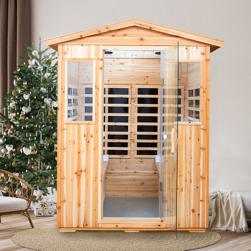 4 - Person Outdoor Bluetooth Compatible FAR Infrared Sauna 2050W Home Sauna with Control Panel and Glass Door, Fir