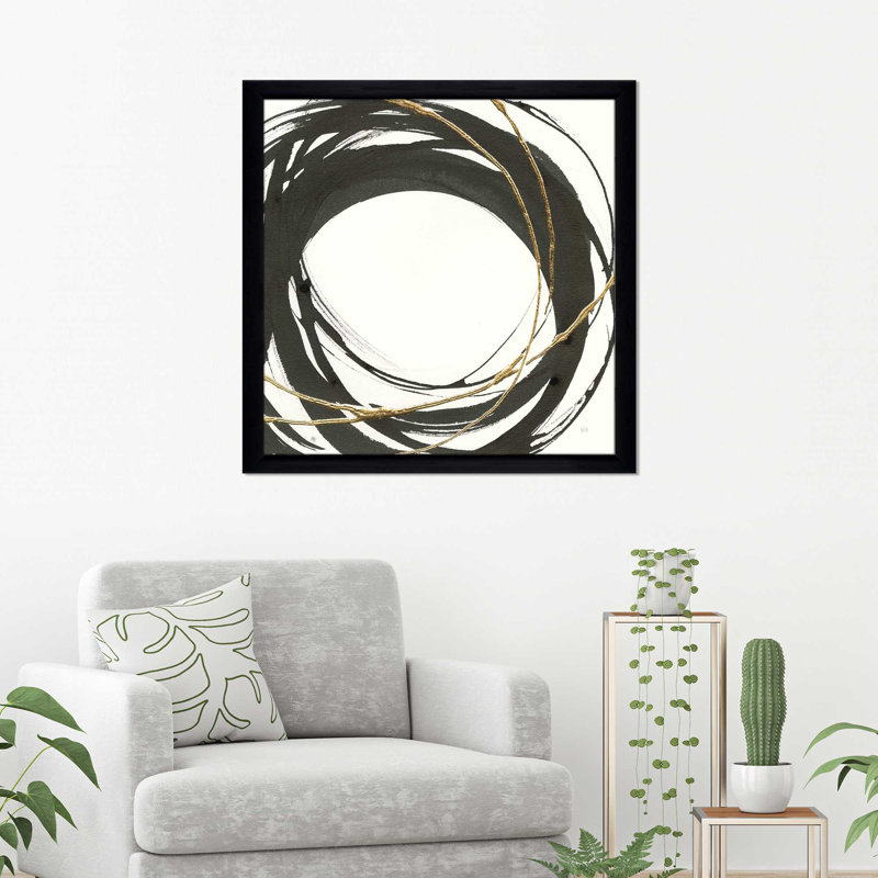 «Gilded Enso III», reproduction de peinture acrylique, H 21,5 po x l 21,5 po x P 0,75 po, Cadre noir