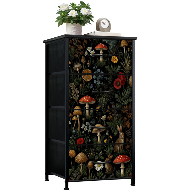 Commode pour chambre à coucher avec 4 tiroirs de rangement Champignons fantaisistes Scènes de forêt Commerces de lapins à fleurs sauvages Commode en tissu pour chambre d'enfant