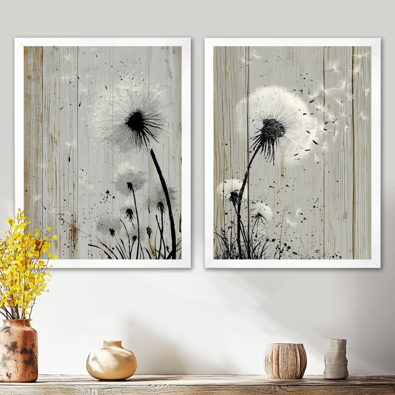«White Vintage Dandelion Breeze - Art mural sur toile pissenlit, art floral blanc encadré 2 pièces, H 32 po x l 48 po