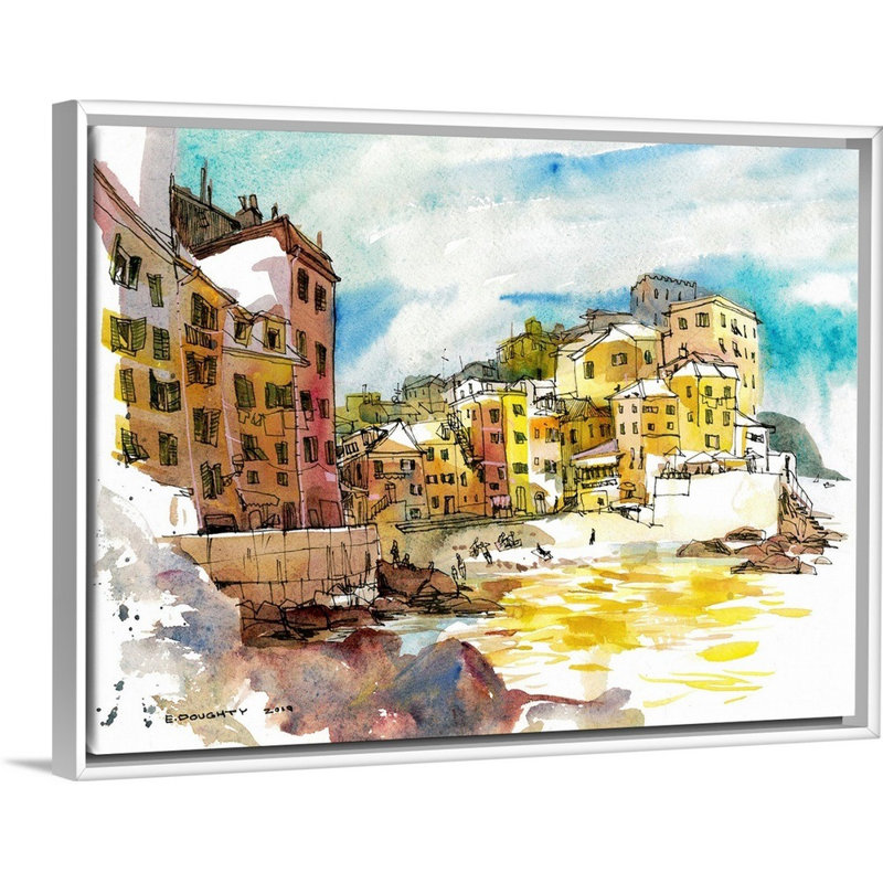 " Boccadasse - Ligurian Fishing Village " by Eleanor Doughty Painting Print, White Framed, 14" H x 18" W x 1.75" D