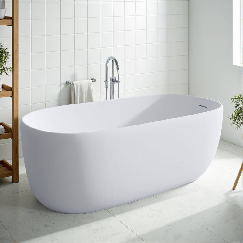 47" Freestanding Solid Surface Bathtub With Pop-Up Drainage And Overflow, White