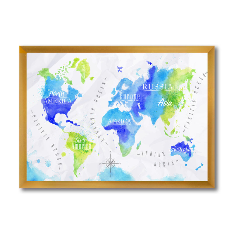 Carte du monde en vert et bleu - Impression sur toile, H 30 po x l 40 po x 1,5 po, Cadre doré