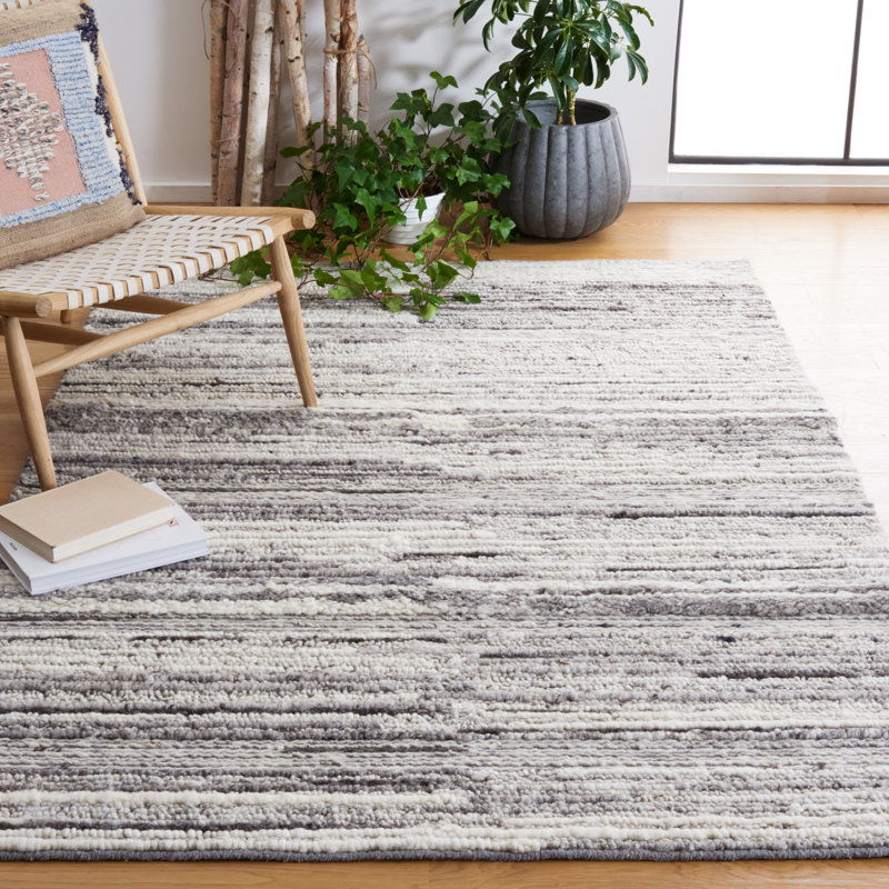 Tapis abstrait en laine / coton tissé à la main Laniyia en gris / ivoire, Rectangle 4 pi x 6 pi
