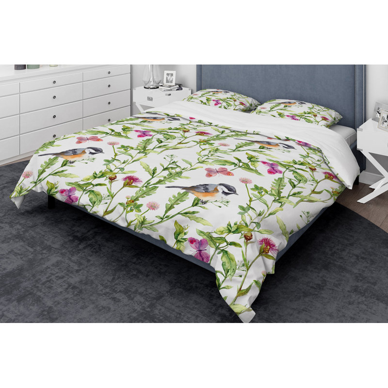 Ensemble de housse de couette designart handdrawns de pâturage avec papillons, oiseaux et herbes