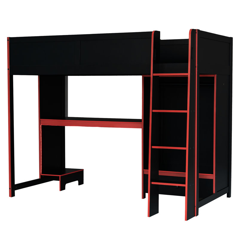 Lit mezzanine simple en bois avec bureau intégré, garde-robe, lampe à DEL et tiroir - multifonctionnel pour les adolescents