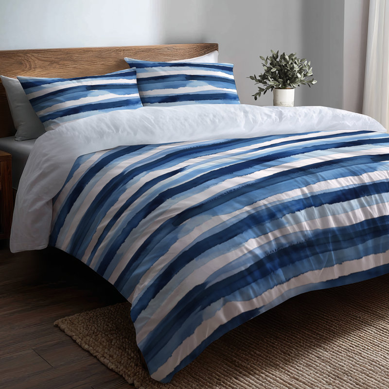 Ensemble de literie à rayures 3 pièces - Ensemble de housse de couette et coussin décoratif moderne bleu et blanc Calm Ocean Horizon