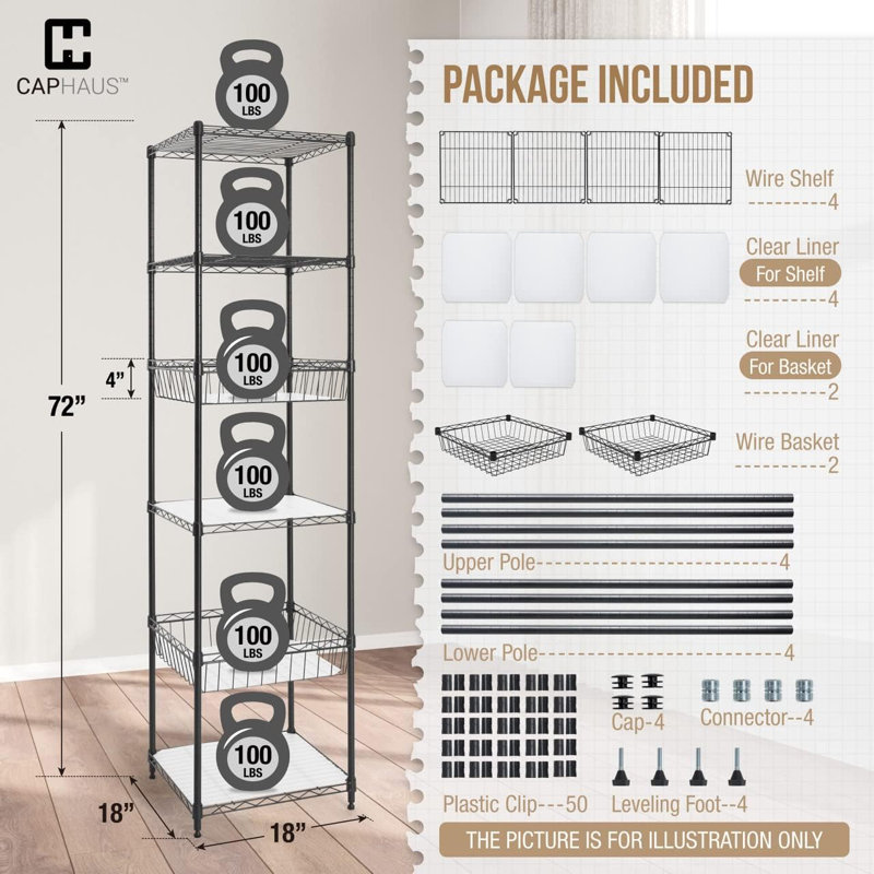 CAPHAUS Nereida NSF Adjustable Height 6 Tier Wire Shelving Unit w/ Basket & Liner, Matte Black