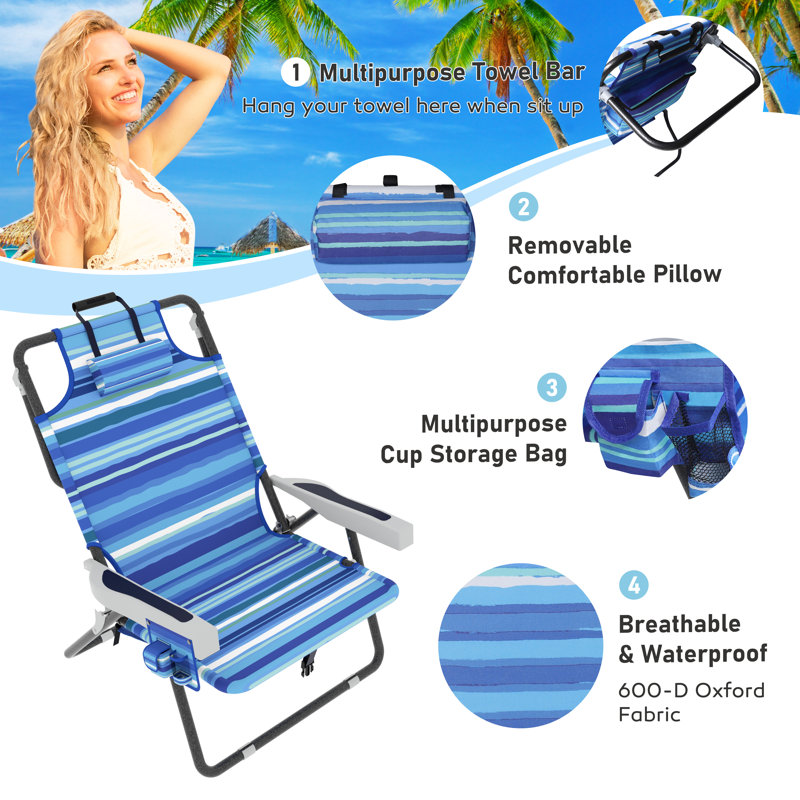 5-Position Adjustable Backpack Beach Chair Folding Lounge Chair with Pillow and Storage Bag, Blue/White Striped