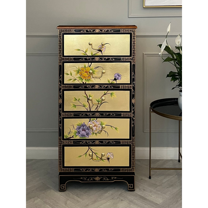 Gold Leaf Tall Chest Of Drawers With Hand Painted Floral Artistry