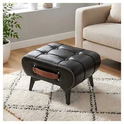 Pouf de rangement rectangulaire en similicuir avec poignées latérales, repose-pieds noir pour salon et entrée