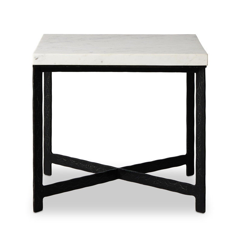 Hammered Iron End Table-White Marble, White Top/Black Base