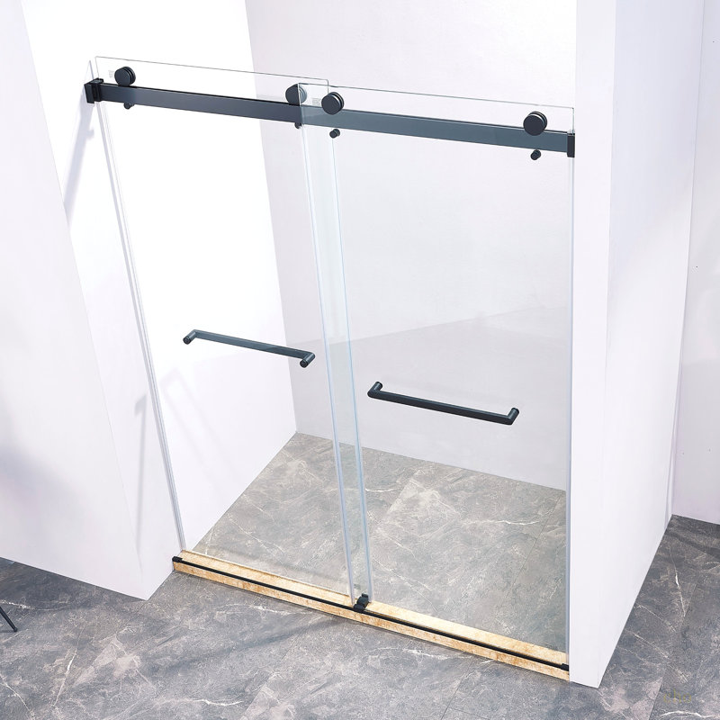 Porte de douche coulissante double sans cadre de 56 à 60 po x H 75 po, en acier inoxydable 304, en verre trempé clair de 5/16 po (8 mm) d'épaisseur.