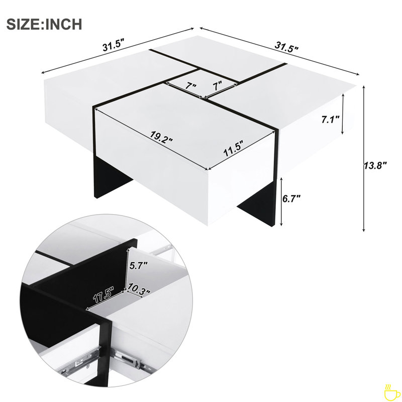 Coffee Table With 4 Hidden Storage Compartments, Square Cocktail Table With Extendable Sliding Tabletop, UV High-Gloss Design Center Table