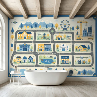 Peel and Stick Wallpaper Wall Mural Childrens map road seamless cartoon childrens for road play Wall Art Self Adhesive and Removable