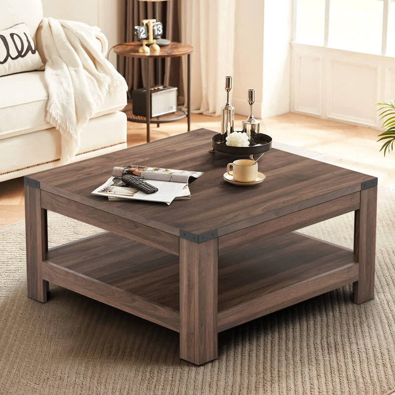 Zara Square Coffee Table With 2-tier Storage Shelves, Dark Walnut