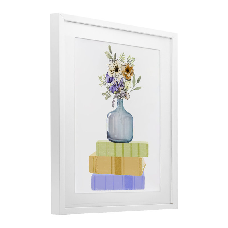 Vase de fleurs sur livres, reproduction encadrée sous verre, conception de Marcus Prime, H 16 po x l 13 po