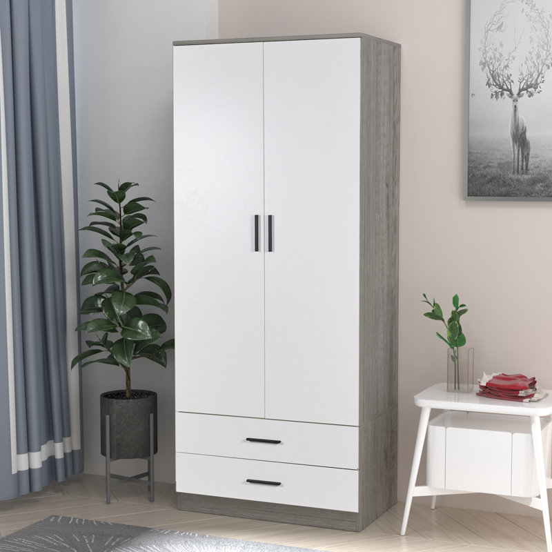 Gianpietro 2 Door Manufactured Wood Wardrobe, Ash Grey Carcass/White Drawer