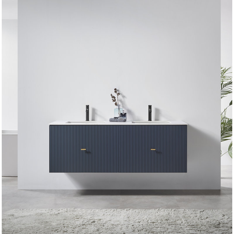 Meuble-lavabo mural moderne Jamell, Blanc, Bleu très foncé